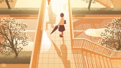  1boy 1girl after_rain black_hair black_shoes black_skirt bridge closed_umbrella highres holding holding_umbrella looking_at_another original out_of_frame outdoors pedestrian_bridge pleated_skirt puddle road scenery shadow shirt shoes skirt standing street taizo_(taizo_03) tree umbrella white_shirt wide_shot 