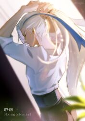  1boy artist_name asymmetrical_bangs blue_hair blurry blurry_background blurry_foreground bunching_hair closed_eyes closed_mouth commentary_request english_text facing_away genshin_impact hands_up highres indoors light_particles long_hair male_focus multicolored_hair neuvillette_(genshin_impact) parted_bangs plant pointy_ears shirt shirt_tucked_in sleeves_rolled_up solo standing streaked_hair timestamp twitter_username tying_hair white_hair white_shirt yvalshka 