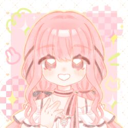  1girl argyle_border bare_shoulders bead_necklace beads black_bow black_ribbon blunt_bangs border bow bra_strap brown_eyes chinese_commentary choker commentary_request eyelashes eyes_visible_through_hair frilled_sleeves frills hair_bow hair_ribbon hand_on_own_chest happy heart-shaped_mouth infinity_nikki jewelry light_blush long_hair long_sidelocks long_sleeves low_twintails mumumuyoua necklace nikki_(nikki) nikki_(series) notice_lines off-shoulder_shirt off_shoulder open_mouth outline outside_border perfect_start_(infinity_nikki) pink_background pink_choker pink_hair pink_ribbon rabbit ribbon ribbon_choker shirt sidelocks single_stripe sleeves_past_wrists smile solo sparkle star_(symbol) star_necklace straight-on striped_choker striped_ribbon tress_ribbon twintails upper_body very_long_hair wavy_hair white_border white_shirt yellow_outline 