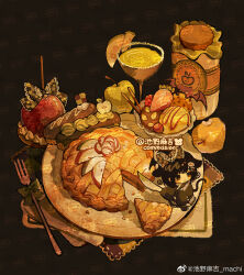  1girl :o animal animal_ears apple apple_pie apple_slice artist_name bat_(animal) black_background black_hair black_pants black_shirt blunt_bangs bow bowl brown_bow brown_coat brown_eyes brown_necktie candy_apple cat_ears cat_girl cat_tail checkerboard_cookie checkered_bow checkered_clothes chibi chinese_commentary chocolate_chip_cookie chocolate_syrup coat cocktail_glass collared_coat collared_shirt commentary_request commission cookie cup drinking_glass expressionless food food_bite food_focus fork fruit glass_bowl green_apple green_bow hair_bow hair_ornament hairclip highres ice_cream jam jar light_blush lime_(fruit) lime_slice long_sleeves looking_to_the_side machi_nailao_bao margarita mini_person minigirl napkin necktie nut_(food) original pants parted_lips pie pie_slice plate pocky raspberry sample_watermark shirt short_hair simple_background standing strawberry strawberry_slice tail watermark watermark_grid weibo_watermark x_hair_ornament 