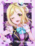 1girl 2022 absurdres bangs birthday blonde_hair blush braid breasts commentary confetti crown_braid dated english_text eyebrows_visible_through_hair gloves glowstick hair_rings hand_on_hip happy_birthday hat highres kyaku_tatsu large_breasts looking_at_viewer love_live! love_live!_sunshine!! medium_hair ohara_mari one_eye_closed pointing pointing_up purple_background shiny shiny_hair sidelocks signature solo upper_body white_gloves yellow_eyes