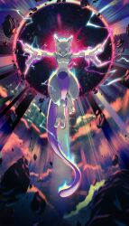  artist_request crackling_energy debris energy_ball floating full_body highres mewtwo nostrils official_art pokemon pokemon_(creature) pokemon_focus pokemon_tcg pokemon_tcg_pocket solo third-party_source violet_eyes 