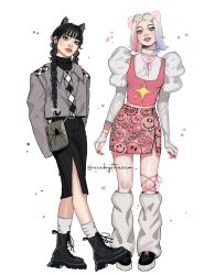  2girls animal_ears animal_print ankle_boots ankle_socks arms_behind_back bag black_boots black_dress black_eyes black_hair blue_eyes boots braid button_up_skirt cat_ears choppy_bangs collared_jacket cord_choker cropped_jacket diamond_print dress ear_piercing enid_sinclair eyelashes fake_animal_ears fingernails forehead four-pointed_star full_body gold_buttons gradient_hair green_bag grey_jacket hair_ornament hairpin highres jacket juliet_sleeves lace-up_boots leg_up leg_warmers light_smile long_fingernails long_hair long_sleeves low_twin_braids multicolored_hair multicolored_nails multiple_girls parted_bangs parted_lips piercing pink_shirt pink_skirt platform_boots puffy_sleeves shirt shirt_under_shirt short_hair shoulder_bag side_slit skirt sleeves_past_wrists smiley_face smiley_print socks spider_print square_neckline star_(symbol) star_hair_ornament star_print striped_clothes striped_dress tan the_addams_family thick_eyebrows thick_lips turtleneck turtleneck_dress twin_braids twitter_username vertical-striped_clothes vertical-striped_dress wednesday_(netflix) wednesday_addams white_background white_leg_warmers white_shirt white_socks wolf_ears zeebythesea 