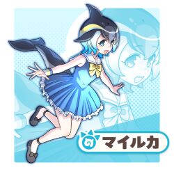  1girl black_hair blue_background blue_eyes blue_hair cetacean_tail common_dolphin_(kemono_friends) dolphin_girl dragon_poker dress fins fish_tail full_body game_cg head_fins japari_symbol kemono_friends looking_at_viewer multicolored_hair neck_ribbon official_art ribbon sailor_dress shoes short_hair simple_background solo tail two-tone_hair wristband 