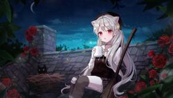  1girl absurdres animal_ears bandages bandaid_on_thigh beret bird_nest black_cat black_vest broom brown_hat brown_skirt brown_thighhighs cat cat_ears chimney clouds collared_shirt crescent_moon cup double-parted_bangs eunyoo feet_out_of_frame flower gauze gauze_on_face gauze_on_knee grey_hair hat highres holding holding_cup long_hair long_sleeves looking_at_viewer low_twintails moon mug night night_sky on_roof open_mouth original outdoors plaid_clothes plaid_skirt red_eyes red_flower red_rose rose shirt sitting skirt sky sleeves_past_wrists solo thigh-highs twintails vest white_shirt 