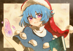  1girl :3 black_capelet blue_hair blush book capelet doremy_sweet dream_soul dress hair_between_eyes hands_up hat highres holding holding_book looking_at_viewer parted_lips rinka_(qqqrinkappp) smile solo touhou violet_eyes white_dress 