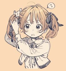  1girl ahoge brown_hair center_frills choppy_bangs collared_jacket commentary_request cropped_torso frills hair_ribbon hands_up hantsuki_(ichigonichiya) jacket medium_hair open_mouth original partially_colored ribbon shirt solo speech_bubble spoken_sweatdrop sweatdrop twintails twintails_day tying_hair 