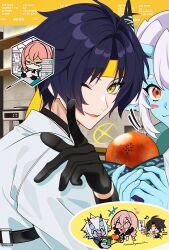  1boy 2girls absurdres aqua_jacket asaba_harumasa black_gloves black_hair black_necktie blue_horns blue_oni blue_skin blush chibi choker closed_mouth coffee_maker colored_skin commentary drink ear_piercing fangs food glasses gloves hair_between_eyes hair_between_horns hands_on_own_face headband heart highres holding holding_food horns indoors jacket looking_at_viewer multicolored_horns multiple_girls musical_note naru9 necktie one_eye_closed oni open_mouth paper pen piercing pink_eyes pink_hair pointing pointy_ears red_eyes shirt short_hair skin-covered_horns soukaku_(zenless_zone_zero) sparkle sparkling_eyes steamed_bun symbol-only_commentary tsukishiro_yanagi two-tone_horns white_shirt writing yellow_eyes yellow_headband zenless_zone_zero 