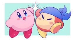  ^^^ ^_^ bad_id bad_tumblr_id bandana bandana_waddle_dee blue_background blue_bandana blue_eyes blush_stickers border closed_eyes commentary english_commentary giganide happy high_five kirby kirby_(series) leg_up looking_up no_humans no_mouth open_mouth outside_border simple_background smile white_border 