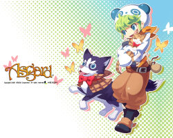  2001 animal animal_ears ankle_boots aqua_background aqua_eyes aqua_pupils asgard bag baggy_pants bandana bandana_around_neck belt belt_buckle bf._(sogogiching) black_boots black_fur black_tail boots bow bowtie brown_bag brown_belt brown_pants buckle bug butterfly cat character_request closed_eyes copyright_name copyright_notice dated drawstring drawstring_bag drop_shadow fake_animal_ears full_body gradient_background green_background green_hair halftone halftone_background hat holding holding_animal holding_cat logo long_sleeves looking_at_viewer loose_belt nexon official_art official_wallpaper open_mouth orange_bandana orange_fur orange_vest outline panda_ears panda_hat pants red_bow red_bowtie second-party_source tongue two-tone_fur vest waistcoat white_background white_fur white_hat white_outline white_sleeves white_tail yellow_butterfly 