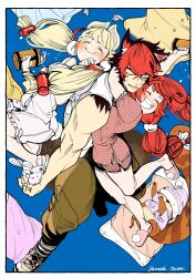  03_kyv 1boy 2girls alice_thymefield alternate_costume animal_ears animal_slippers artist_name beer_mug black_hair blonde_hair blue_background blush boots brown_pants bunny_slippers closed_eyes commentary_request cup dog_boy dog_ears dog_tail fang grin hair_ornament highres hug kamanosuke_(zenless_zone_zero) komano_manato long_hair low_twintails mug multiple_girls muscular muscular_male pajamas pants pillow raccoon red_hair revision scar scar_across_eye scar_on_face shorts slippers smile sphere_hair_ornament sweatdrop tail tank_top tanuki twintails ukinami_yuzuha white_background white_tank_top zenless_zone_zero 