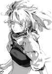  1girl absurdres bangs braid breasts choker crop_top facial_mark floating_hair greyscale highres looking_at_viewer monochrome naji_yanagida original short_sleeves shrug_(clothing) side_braid simple_background sketch solo twin_braids twintails upper_body 