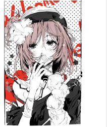  1girl black_shirt blush chain choker collarbone commentary fake_nails flower food hair_between_eyes hair_flower hair_ornament hecatia_lapislazuli highres holding holding_food holding_ice_cream ice_cream medium_hair open_mouth partially_colored red_hair sesmkun shirt single_bare_shoulder solo t-shirt teeth touhou upper_body upper_teeth_only 