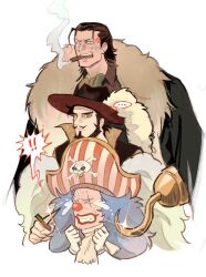  ! !! ... 3boys anger_vein ascot beard black_cape black_hair blue_hair buggy_the_clown cape cheseely cigar clenched_teeth closed_eyes closed_mouth clown_nose collared_cape commentary crocodile_(one_piece) cropped_shoulders crying dagger dracule_mihawk english_commentary facial_hair fur-trimmed_cape fur_trim gloves green_ascot grey_background hat highres holding holding_dagger holding_knife holding_weapon hook_hand knife lipstick long_hair makeup male_focus multiple_boys mustache one_piece open_mouth pirate_hat popped_collar scar scar_on_face short_hair skull_and_crossbones smoke smoke_trail speech_bubble spoken_ellipsis teeth weapon white_gloves yellow_eyes 