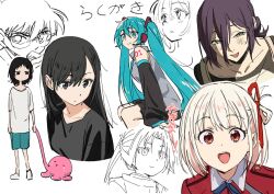  2boys 6+girls aqua_hair aqua_shirt black_hair black_shirt black_sleeves breasts character_request closed_mouth collarbone copyright_request edogawa_conan full_body glasses green_eyes hair_between_eyes hajikkoneko half-closed_eyes hatsune_miku houjou_tokiyuki_(nige_jouzu_no_wakagimi) long_hair looking_at_viewer meitantei_conan multiple_boys multiple_girls nige_jouzu_no_wakagimi purple_hair shirt short_hair sitting translation_request upper_body vocaloid white_background white_shirt 