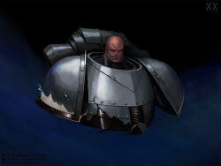  1boy absurdres alpha_legion alpharius armor artist_name artstation_logo artstation_username bald black_background blue_background bolt_(hardware) breastplate closed_mouth commentary english_commentary full_armor grey_armor highres instagram_logo instagram_username looking_at_viewer metal_trim patreon_logo patreon_username pauldrons potoq power_armor primarch roman_numeral shoulder_armor simple_background solo warhammer_40k 