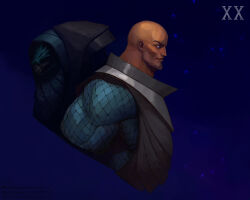  1boy absurdres alpha_legion armor artist_name artstation_logo artstation_username bald blue_background blue_eyes breastplate commentary english_commentary from_side full_armor gorget highres instagram_logo instagram_username light_smile omegon patreon_logo patreon_username pauldrons potoq power_armor primarch roman_numeral scale_armor shoulder_armor simple_background sky smile solo star_(sky) star_(symbol) starry_sky starry_sky_background turquoise_armor warhammer_40k 