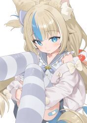  1girl animal_ears bandaid bandaid_on_leg blonde_hair blue_eyes blue_hair cardigan cat_ears closed_mouth commentary english_commentary grey_sailor_collar highres hugging_own_legs indie_virtual_youtuber koyo2023 long_hair looking_at_viewer multicolored_hair neckerchief sailor_collar sameko_saba simple_background smile solo streaked_hair striped_clothes striped_thighhighs thigh-highs two-tone_hair two-tone_thighhighs virtual_youtuber white_background 