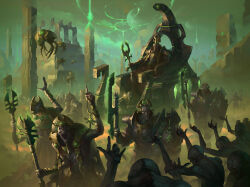  6+boys absurdres alexeykruglov alien arm_up crown highres holding holding_polearm holding_weapon index_finger_raised magic multiple_boys necron pointing pointing_up polearm ruins sitting throne warhammer_40k weapon 