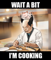  1boy absurdres animal animal_on_head balding bell black_hair blue_shirt cat cat_on_head chopsticks closed_eyes duc_94 english_text food grabbing_another&#039;s_hair highres holding holding_another&#039;s_hair holding_chopsticks japanese_clothes kimono letterboxed licking_lips neck_bell on_head original plate shirt sushi tongue tongue_out 