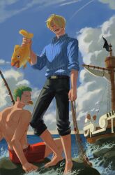  2boys absurdres animal barefoot belt black_belt black_pants blonde_hair clouds collared_shirt commentary curly_eyebrows day facial_hair fish fishing_rod food_in_mouth goatee_stubble going_merry green_hair hair_over_one_eye happy highres holding holding_animal holding_fish holding_net jennyandloiryan leg_hair male_focus male_swimwear multiple_boys one_piece open_mouth orange_male_swimwear outdoors pants roronoa_zoro sanji_(one_piece) ship shirt short_hair sitting striped_clothes striped_shirt stubble swim_trunks symbol-only_commentary watercraft 