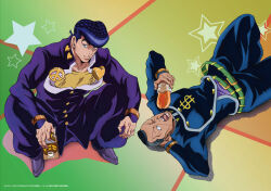  absurdres coffee david_production dollar_sign gradient_background higashikata_josuke highres jojo_no_kimyou_na_bouken nijimura_okuyasu non-web_source official_art official_wallpaper peace_symbol school_uniform star_(symbol) 