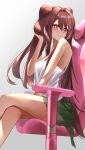  1girl :&gt; absurdres blush brown_hair chair crossed_legs eyebrows_visible_through_hair genshin_impact hair_between_eyes highres holding holding_hair hu_tao_(genshin_impact) katagirinanoka long_hair looking_at_viewer red_eyes shirt simple_background sitting smile symbol-shaped_pupils white_shirt 