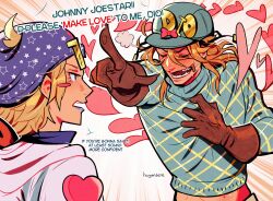  2boys aqua_helmet aqua_sweater argyle_clothes argyle_sweater bandaid bandaid_on_cheek bandaid_on_face blonde_hair blue_eyes blue_hat blue_lips blush_stickers brown_gloves clawed_gauntlets closed_eyes diego_brando english_commentary english_text gloves hat heart helmet highres hood hood_down hoodie horseshoe_hat_ornament horseshoe_ornament huyandere johnny_joestar jojo_no_kimyou_na_bouken long_hair male_focus medium_hair midriff multiple_boys navel pointing pointing_at_viewer steel_ball_run sweatdrop sweater turtleneck turtleneck_sweater white_hoodie 