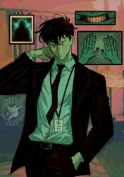  1boy black_coat black_eyes black_hair black_necktie blush coat collared_shirt color_contrast contrapposto couch crossover curtains hand_in_pocket hand_on_own_cheek hand_on_own_face head_tilt highres id_card indoors kim_dokja lamp looking_at_viewer multiple_views necktie no_i&#039;m_not_a_human omniscient_reader&#039;s_viewpoint photo_(object) shirt shirt_tucked_in short_hair teeth vacation_town white_shirt zooming_in 