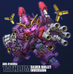  chibi clenched_hands funnels_(gundam) glowing glowing_eyes gundam gundam_unicorn mecha mobile_suit no_humans pink_eyes redesign science_fiction silver_bullet_(mobile_suit) susagane v-fin 