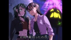  2girls bang_dream! bang_dream!_it&#039;s_mygo!!!!! black_choker black_hair black_jacket black_shirt blue_eyes choker closed_mouth clothes_grab commentary doki_(oox3o) hair_between_eyes highres jacket letterboxed medium_hair midriff mole mole_under_eye multiple_girls o-ring o-ring_choker open_clothes open_jacket parody red_shirt shiina_taki shirt style_parody subtitled translation_request violet_eyes white_jacket yahata_umiri 