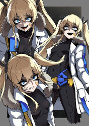  1girl absurdres armored_bodysuit armored_gloves armored_leotard bandaid bandaid_on_cheek bandaid_on_face black_bodysuit blonde_hair blue_eyes bodysuit breasts coat fang gloves goddess_of_victory:_nikke highres laplace_(nikke) leotard long_hair looking_at_viewer nagainegi open_mouth sidelocks smile sports_bra twintails two-tone_gloves white_coat white_sports_bra 