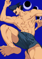  1boy abs adam&#039;s_apple artist_name barefoot beam_(chainsaw_man) black_hair blue_background chainsaw_man collarbone commentary_request from_below highres male_focus navel nipples onimoti open_mouth pectorals pointy_ears shark_boy shark_head sharp_teeth shorts simple_background soles solo teeth toes toned toned_male tongue 