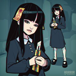  1girl black_hair blunt_bangs boxcutter character_request david_goujard dress full_body hime_cut holding horror_in_hongdae long_hair long_sleeves looking_at_viewer mary_janes multiple_views ofuda pantyhose shoes standing white_pantyhose 