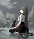 1girl absurdres bangs barefoot black_choker blue_eyes bracelet character_request choker eyebrows_visible_through_hair grey_hair grey_sky highres horns jewelry long_hair original pointy_ears ponytail reflection rock rusellunt shirt short_sleeves solo tail very_long_hair water white_shirt 