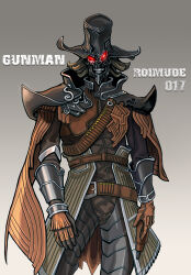  1boy ammunition_belt belt boots brown_gloves cowboy cowboy_hat cowboy_western gloves gunman_roidmude hat highres huujyu kamen_rider kamen_rider_drive_(series) long_hair looking_at_viewer male_focus monster monster_focus no_humans numbered pants poncho roidmude smile solo 