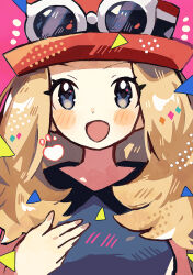  1girl anidler91 black_shirt blonde_hair blue_eyes blush blush_stickers breasts eyewear_on_headwear hat highres long_hair looking_at_viewer open_mouth pokemon pokemon_xy red_hat serena_(pokemon) shirt sleeveless sleeveless_shirt smile solo sunglasses upper_body white-framed_eyewear 