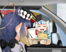  2girls blue_hair blurry blurry_foreground closed_mouth commentary_request dai_roku_ten_mao drive-thru driving employee_uniform facing_viewer fast_food fast_food_uniform gawr_gura hair_ornament hair_ribbon halo hat highres hololive hololive_english mcdonald&#039;s motor_vehicle multiple_girls ninomae_ina&#039;nis open_mouth purple_hair ribbon shark_hair_ornament sharp_teeth short_twintails sidelocks smile teeth tentacle_hair twintails virtual_youtuber 
