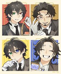  4boys :o adjusting_clothes adjusting_gloves ahoge amayado_rei beard_stubble black_hair black_jacket black_necktie blue_background blue_eyes bolo_tie brothers brown_background buster_bros!!! butler choppy_bangs cocked_eyebrow collared_shirt commentary_request cup curtained_hair facial_hair facing_viewer father_and_son film_grain food gloves gold_border green_eyes grey_eyes grin hair_between_eyes heterochromia highres hypnosis_mic hypnosis_mic:_alternative_rap_battle inset_border jacket lapels light_blush long_sleeves looking_at_viewer macaron male_focus mature_eyes mature_male medium_hair mole mole_under_eye mole_under_mouth multiple_boys multiple_moles mustache_stubble necktie official_alternate_costume open_mouth parted_bangs peaked_lapels piercing_hole portrait raised_inner_eyebrows red_background red_eyes scar scar_across_eye scar_on_face shirt short_hair siblings smile sparkle stubble teacup thick_eyebrows twitter_username tya_n10say wavy_hair white_background white_gloves white_shirt wingtip_collar wrinkled_skin yamada_ichiro yamada_jiro yamada_saburo yellow_background yellow_eyes 