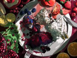  2girls black_hair black_shoes blue_flower closed_eyes colored_extremities curly_hair dress fake_horns fishnet_sleeves fishnets flower food fork frilled_dress frilled_headwear frills fruit fur-trimmed_socks gloves high_heels highres horned_headwear horns identity_v knife lemon looking_at_viewer lying memory_(identity_v) memory_(miss_pomegranate_plate)_(identity_v) memory_(source_of_evil)_(identity_v) mini_person multiple_girls petticoat plate pomegranate profile puffy_sleeves red_dress red_eyes red_headdress shoes strawberry strawberry_slice tomato tomato_slice user_kmvu3845 white_dress white_headdress 