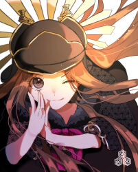  1girl asa_no_ha_(pattern) black_helmet brown_eyes brown_hair chacha_(fate) commentary_request fate/grand_order fate_(series) fingernails helmet highres long_hair looking_at_viewer noki00 one_eye_closed own_hands_together simple_background smile upper_body white_background 