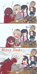  5girls ^_^ ahoge ahoge_wag alcohol asahi_breweries awa_subaru ayataka_syumimi beer black_hair brown_hair cake cat cellphone closed_eyes closed_mouth commentary ebizuka_tomo expressive_hair feeding food fork girls_band_cry grey_eyes grey_hair grey_hoodie highres holding holding_phone hood hood_down hoodie iseri_nina jacket jitome kawaragi_momoka long_hair low_twintails merry_christmas mole mole_under_eye multiple_girls one_eye_closed open_mouth parted_bangs phone pink_hoodie recording red_eyes red_jacket rupa_(girls_band_cry) short_hair short_twintails sidelocks smartphone striped_clothes striped_hoodie symbol-only_commentary teeth togenashi_togeari twintails upper_teeth_only 