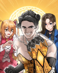  absurdres alternate_hairstyle black_choker black_eyes black_gloves black_hair black_shirt blue_eyes blue_necktie bow bowtie choker clenched_hand crossdressing crossdressing_(mtf) don_quixote_(project_moon) e.g.o_(project_moon) elbow_gloves fighting_stance frilled_sleeves frills gauntlets gloves gold_rush_(e.g.o) hair_between_eyes hair_ornament heart heart_hair_ornament highres in_the_name_of_love_and_hate_(e.g.o) limbus_company lobotomy_corporation_(identity)_(project_moon) long_hair male_focus meursault_(project_moon) muscular muscular_male necktie pink_bow pink_bowtie pink_skirt pink_vest project_moon roan_green rodion_(project_moon) shirt single_gauntlet skirt smile strapless tattoo teardrop_tattoo teeth the_sword_sharpened_with_tears_(e.g.o) two_side_up upper_body vest yellow_eyes 