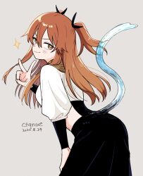  1girl artist_name blush brown_hair centuria_(manga) ctqnue dated gorget hair_ribbon hairband hydrokinesis lacrima_(centuria) long_hair looking_at_viewer ribbon see-through_body simple_background smile solo sparkle tail twintails two_side_up v water yellow_eyes 