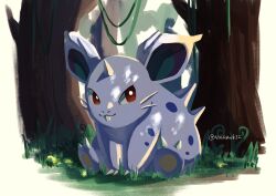  absurdres closed_mouth forest highres horns nature nidoran nidoran_(female) no_humans noahzark1212 outdoors pokemon pokemon_(creature) pokemon_focus red_eyes single_horn sitting smile solo teeth tree 