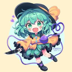  1girl absurdres artist_name black_shoes blush chibi chibi_only green_eyes green_hair green_skirt hat highres knife koishi_day komeiji_koishi liefeng_dm ribbon shirt shoes skirt smile solo third_eye touhou yellow_ribbon yellow_shirt 