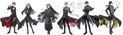  6+boys absurdres animal_on_shoulder arm_at_side bangs_pinned_back belt belt_buckle black_belt black_boots black_choker black_coat black_hair black_necktie black_pants black_robe black_sash black_shoes black_veil black_vest blonde_hair blue_eyes blue_hair boots buckle capelet cassock chest_harness choker cigarette cleavage_cutout clerical_collar clothing_cutout coat coif colored_tips cross cross_necklace cross_print crossed_arms expressionless facial_mark full_body gloves grey_belt grey_capelet grey_gloves grey_hair grey_pants grey_shirt hair_between_eyes halo hand_on_own_hip harness heart heart_facial_mark highres holding holding_cigarette holding_cross hotoke_(ireisu) if_(ireisu) ireisu jewelry juliet_sleeves kamippoina_(vocaloid) knee_boots latin_cross lineup liura_(ireisu) long_coat long_hair long_sleeves looking_at_viewer low_ponytail male_focus mole mole_under_eye multicolored_hair multiple_boys multiple_moles naiko_(ireisu) necklace necktie official_art open_clothes open_coat own_hands_clasped own_hands_together pants parted_lips pelvic_curtain pink_coat pink_eyes pink_hair ponytail priest puffy_sleeves rabbit red_eyes red_hair robe rosary sash shirt sho_(ireisu) shoes short_hair sidelocks simple_background sleeve_ribbon smile smoke smoke_trail soiya_(soiyaaaaaa2) standing star_halo stole swept_bangs traditional_halo turtleneck two-sided_coat two-sided_fabric two-sided_robe utaite veil vest violet_eyes wallet_chain white_background wide_sleeves yellow_halo yusuke_(ireisu) 
