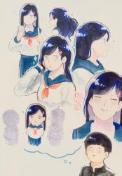  1girl black_hair blue_eyes blue_serafuku blush bowl_cut character_request closed_mouth food hair_ornament hairclip highres long_hair marcycraby meatball mob_psycho_100 pumpkin school_uniform serafuku short_hair sketch smile speech_bubble thought_bubble 