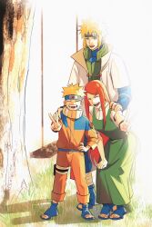  1girl 2boys abanovo arm_around_shoulder blonde_hair blue_eyes blue_shorts breasts child closed_eyes coat couple dress facial_mark family father_and_son full_body grass green_dress hair_ornament hairclip hand_on_own_hip hetero highres jacket jumpsuit long_dress long_hair medium_breasts mother_and_son multiple_boys namikaze_minato naruto_(series) open-toe_shoes open_mouth orange_jacket orange_jumpsuit orange_pants pants red_hair shirt shirt_under_dress short_hair short_sleeves shorts smile spiky_hair swept_bangs swing tree under_tree uzumaki_kushina uzumaki_naruto v whisker_markings white_coat white_shirt 