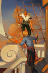  2boys absurdres apron black_pants blonde_hair blue_shirt bottle cigarette closed_mouth collarbone commentary green_hair highres holding holding_bottle jennyandloiryan looking_at_another male_focus multiple_boys net one_piece pants red_apron roronoa_zoro sanji_(one_piece) ship_deck shirt short_hair smoking striped_clothes striped_shirt sword weapon white_shirt 